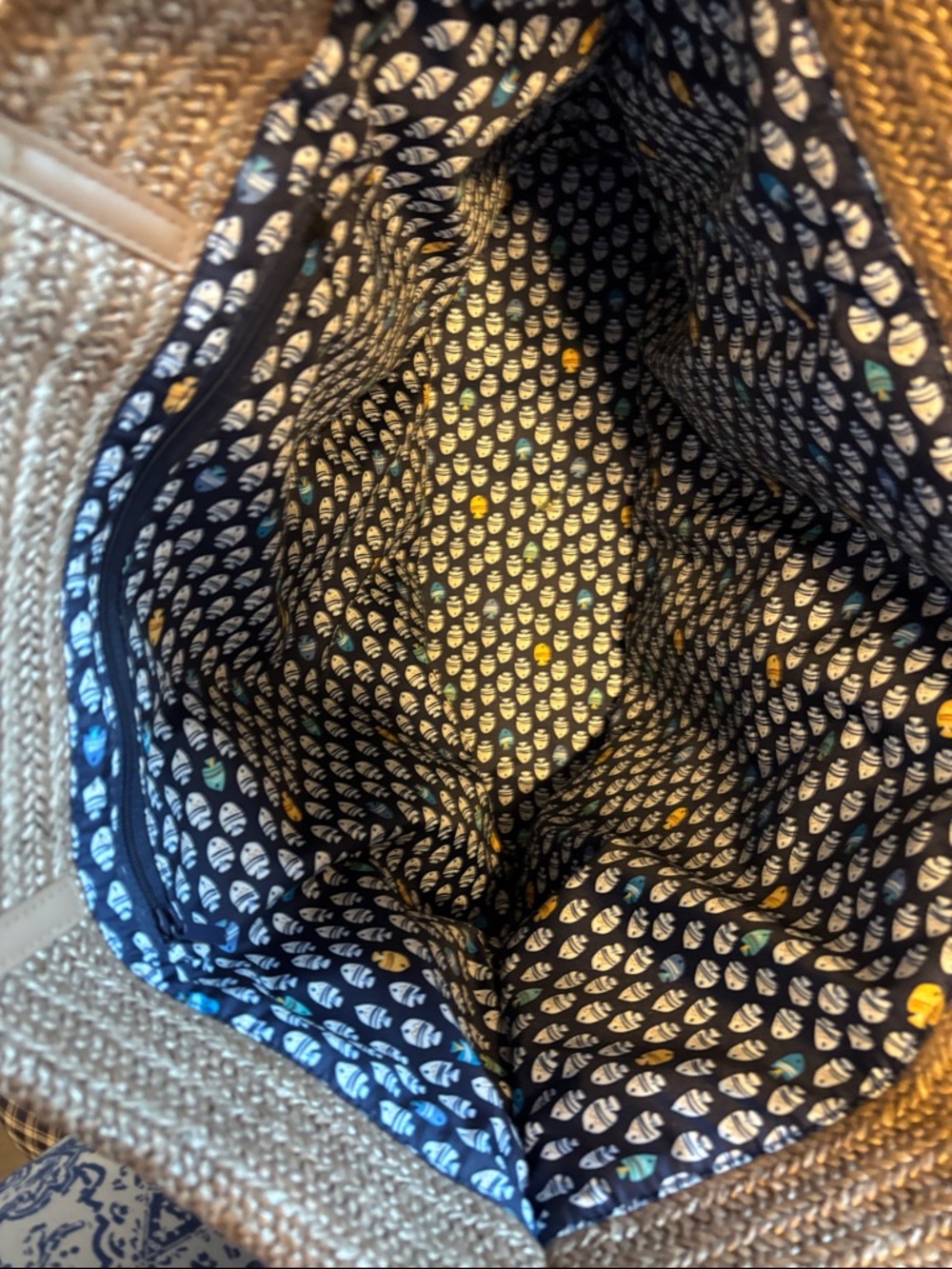 Vera Bradley Neutral Straw Tote with Navy, White & Yellow Fish - Picture 8 of 10